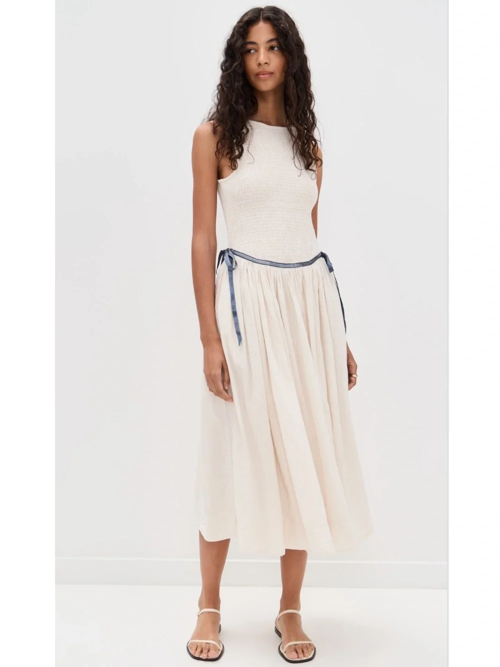 Free People Nightingale Smocked Seersucker Midi Dress in Tea Navy Combo New!